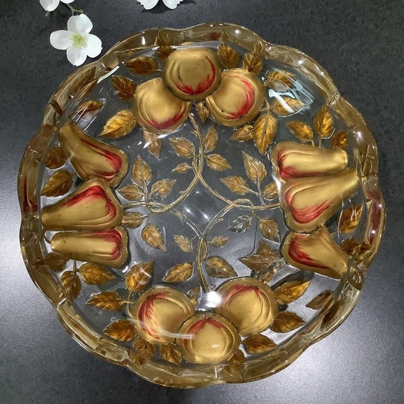 Vintage Goofus Glass Gold Red Painted Fruit Bowl Scalloped Edge Serving Display - Picture 1 of 14